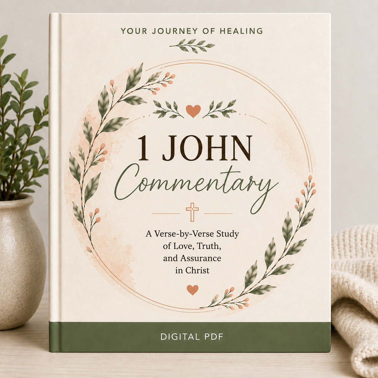 A book cover for '1 Chronicles Commentary' shown standing upright on a tabletop, with a potted plant on the left and a knitted textile on the right. The cover is cream with a pale blush circle, green leafy wreath illustrations, and a dark green band at the bottom that reads 'DIGITAL PDF'.