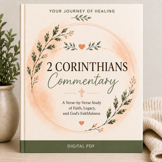 A book cover for a digital PDF titled "2 Corinthians Commentary" shown standing upright on a tabletop. The cover has a warm cream background with a peach watercolor circle, green leafy branches, small peach hearts, and dark green text.