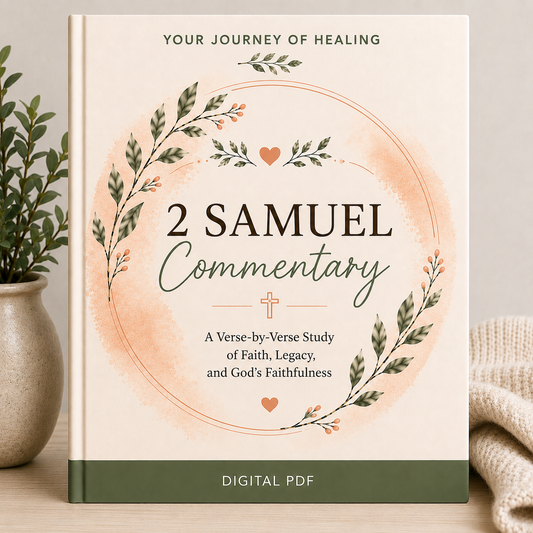 A book-style cover design for a digital PDF titled "2 Samuel Commentary" with decorative green foliage and peach watercolor accents on a cream background. The cover is shown standing upright on a tabletop, with a potted plant on the left and a folded cream knit blanket on the right.