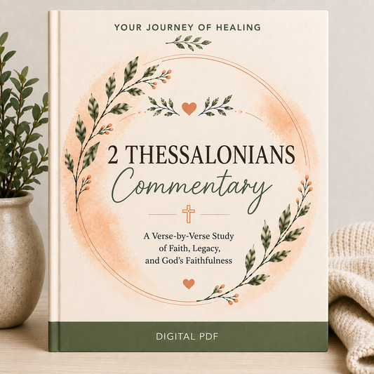 A book cover for '2 Thessalonians Commentary' shown standing upright on a tabletop, with a potted plant on the left and a folded knit blanket on the right. The cover has a cream background, a peach watercolor circle, green and dark green botanical wreaths, and a dark green band at the bottom.