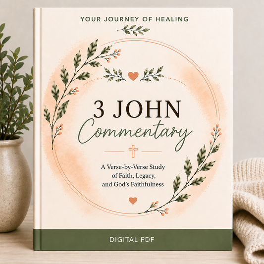 A book-style cover for a digital product titled "3 John Commentary" with decorative green leafy branches and small hearts on a cream background. The cover also reads "Your Journey of Healing" and "Digital PDF.