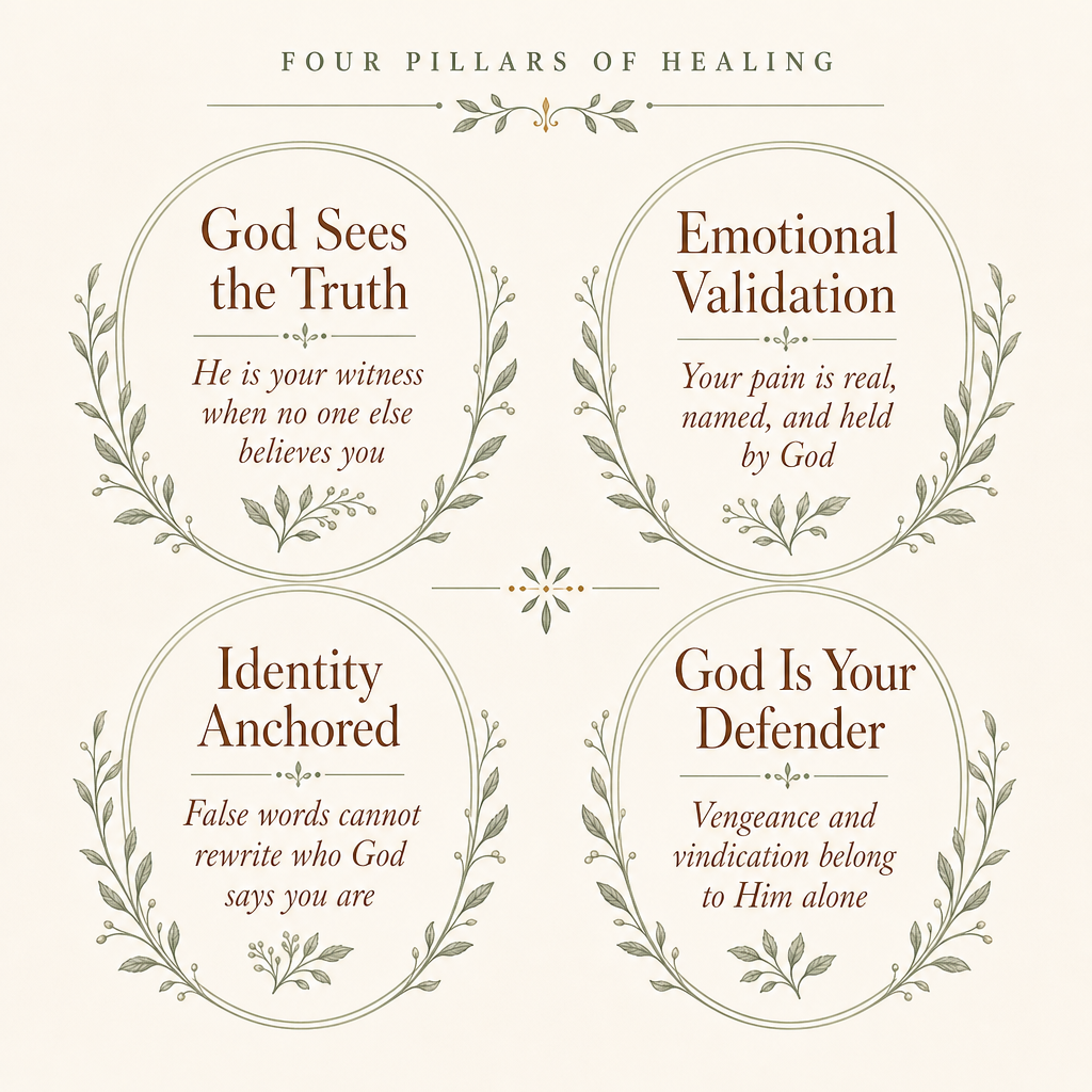A square graphic with the heading 'FOUR PILLARS OF HEALING' above four oval text panels arranged in a 2x2 grid. Each panel has a pale sage green botanical wreath border and brown text on a warm cream background.