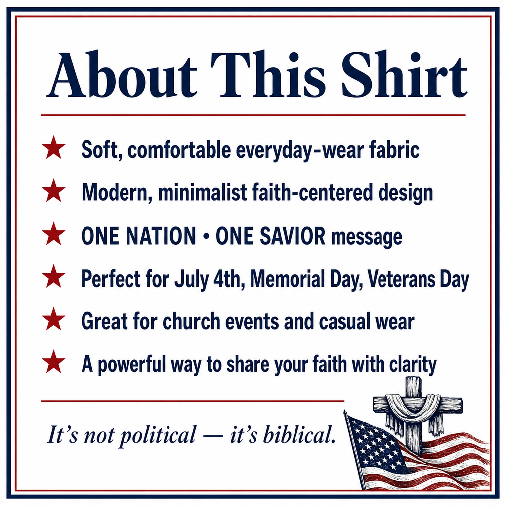 A text-heavy promotional graphic titled 'About This Shirt' with bullet points describing the shirt's fabric, design, and religious message. The graphic includes a small illustration of a cross with a rope, an American flag, and the phrase 'It's not political — it's biblical.