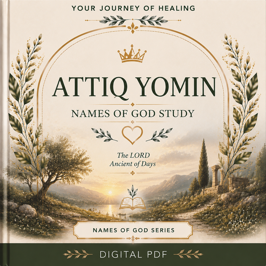 Attiq Yomin (Ancient of Days) printable Bible study by Your Journey of Healing featuring an elegant botanical cover with a sunrise landscape, symbolizing God's eternal reign, wisdom, sovereignty, and everlasting kingdom as part of the Names of God Series.