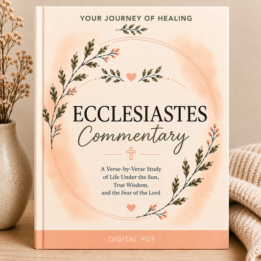 A book-style cover for 'Ecclesiastes Commentary' shown standing upright on a tabletop. The cover has a warm cream background with peach watercolor wash, dark green botanical illustrations, and black serif text.