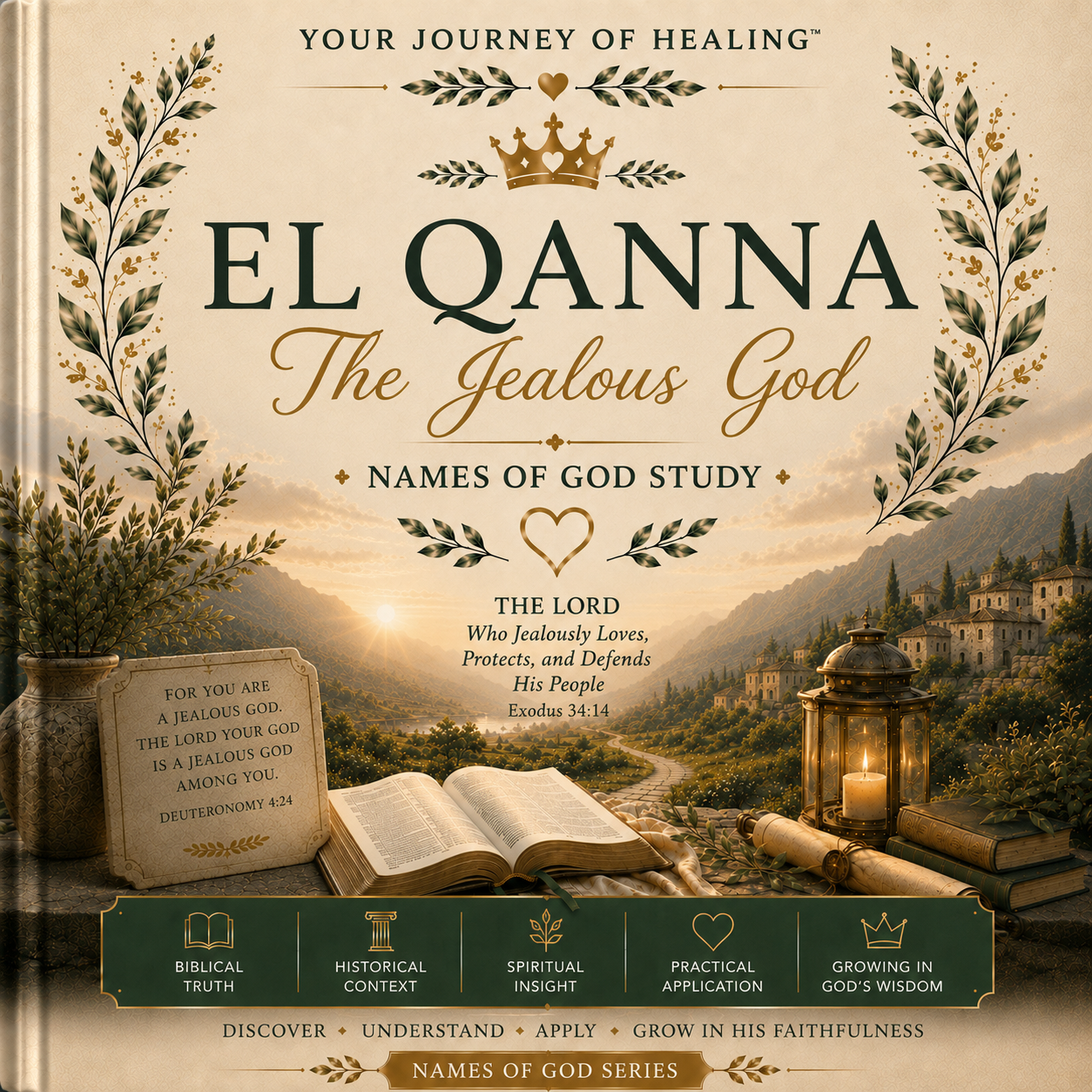 Front cover of the book 'El Qanna: The Jealous God - Names of God Study' showing a scenic mountain landscape at sunrise with an open Bible, a candle, and decorative gold leaf and olive branch borders.