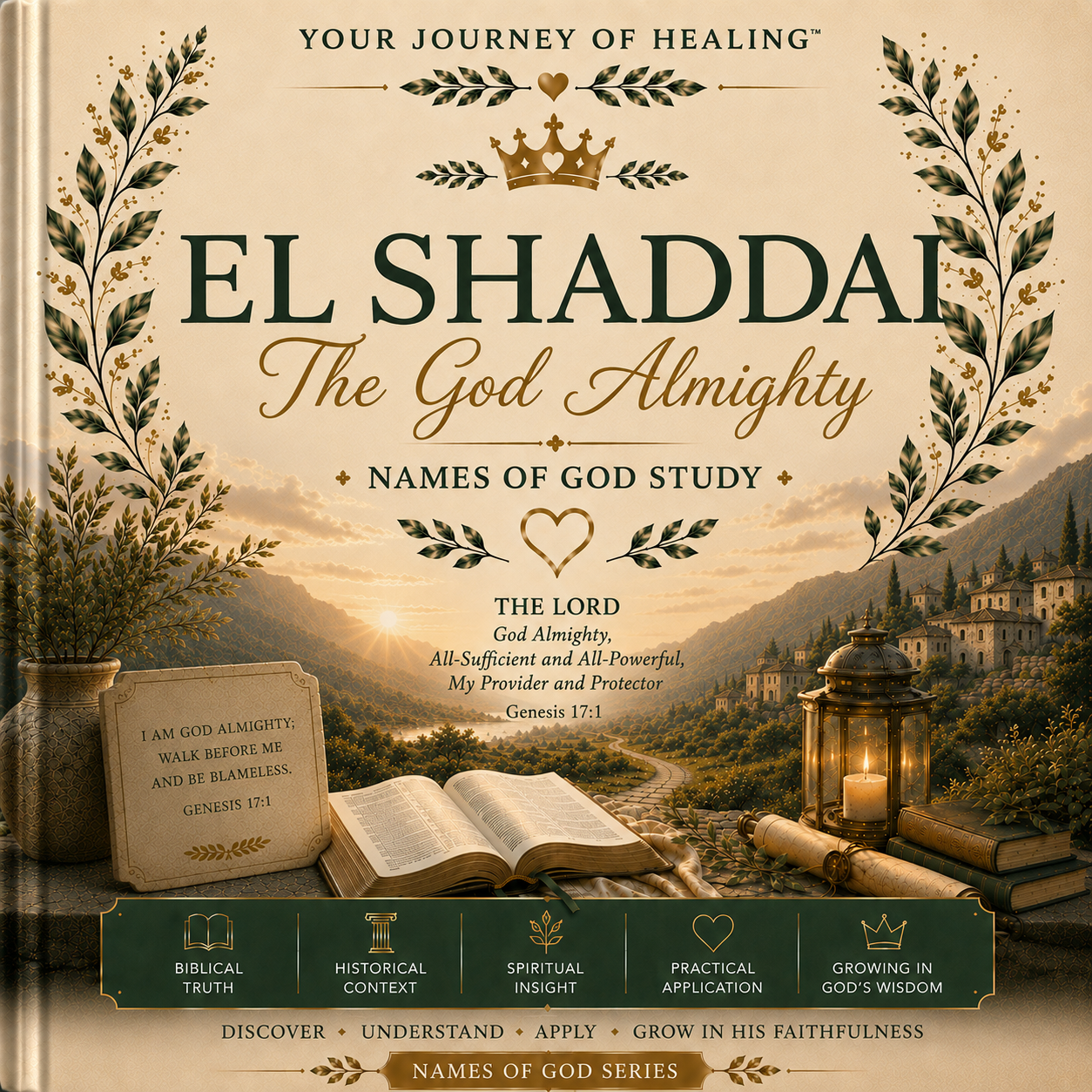 Front cover of a book titled "EL SHADDAI The God Almighty Names of God Study" with ornate gold and green decorative borders, a scenic mountain landscape illustration, religious text, and a dark teal banner at the bottom.