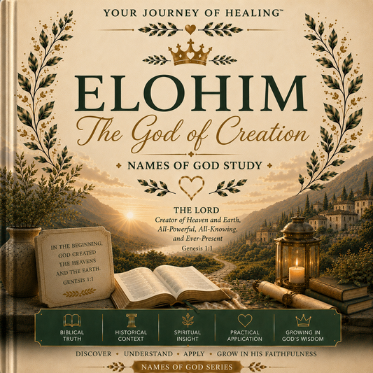 Front cover of the book 'Elohim: The God of Creation - Names of God Study' by Your Journey of Healing. The cover features a warm beige background with dark green and gold typography, decorated with laurel wreaths and a crown.