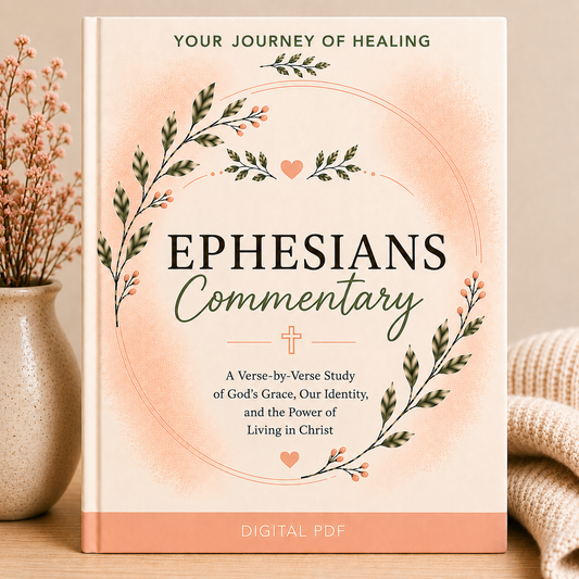 A book-style cover design for a digital PDF titled "Ephesians Commentary" with decorative green and peach botanical illustrations, shown standing upright on a tabletop beside a vase and knitted fabric.