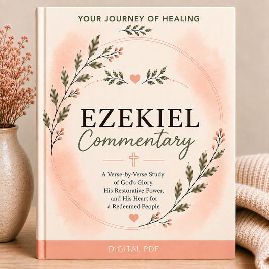 A book-style cover design for a digital PDF titled "Ezekiel Commentary," shown upright on a tabletop with dried flowers in a vase and a folded knit blanket nearby. The cover has a warm peach and cream watercolor background with botanical leaf illustrations and the text "Your Journey of Healing" at the top and "Digital PDF" at the bottom.