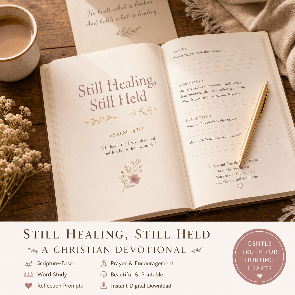 An open devotional book titled 'Still Healing, Still Held' with printed scripture and reflection prompts, styled on a wooden surface with a mug, dried flowers, a pen, and a scarf. A banner at the bottom reads 'Still Healing, Still Held: A Christian Devotional' with feature icons and a badge that says 'Gentle Truth for Hurting Hearts.