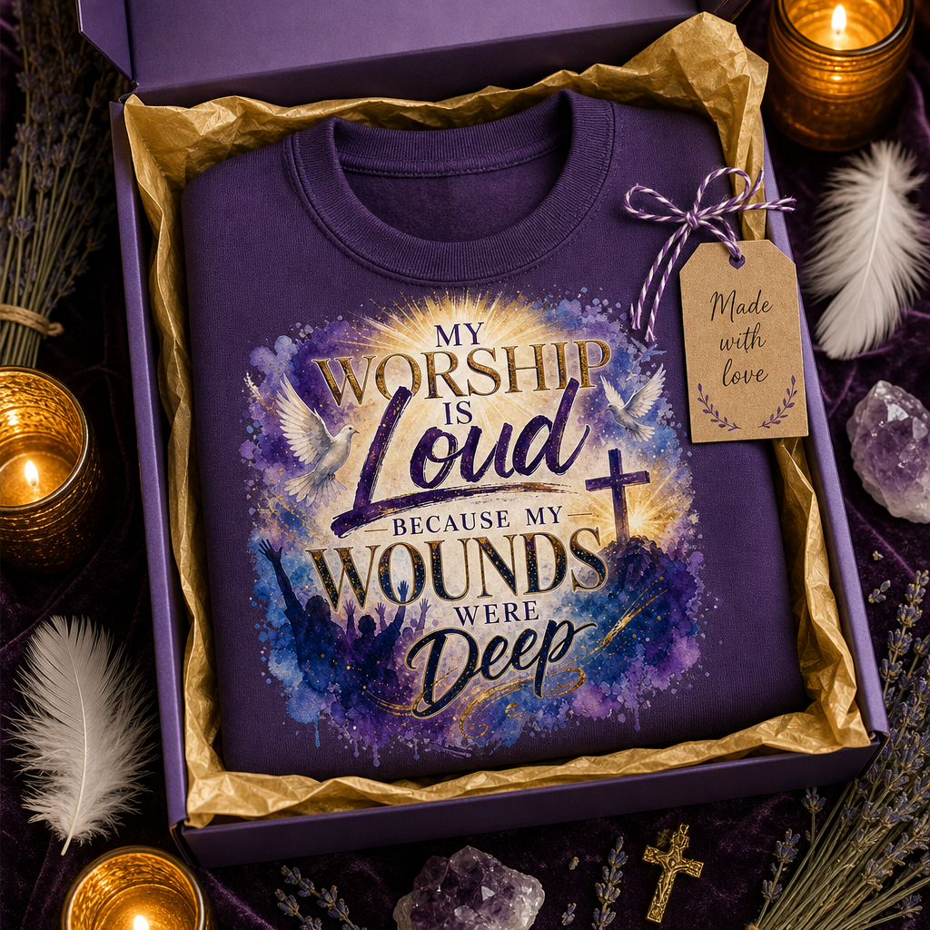A purple crewneck sweatshirt with a watercolor-style graphic reading 'MY WORSHIP IS Loud BECAUSE MY WOUNDS WERE Deep' and a cross, presented in a purple gift box with gold tissue paper, a kraft 'Made with love' tag, and surrounded by candles, feathers, crystals, and lavender.