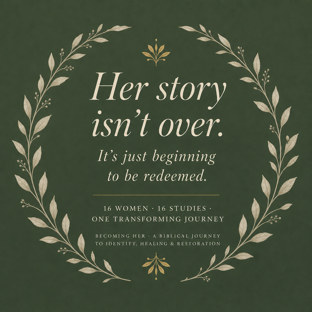 A square graphic with a dark green background and cream text reading, 'Her story isn’t over. It’s just beginning to be redeemed.