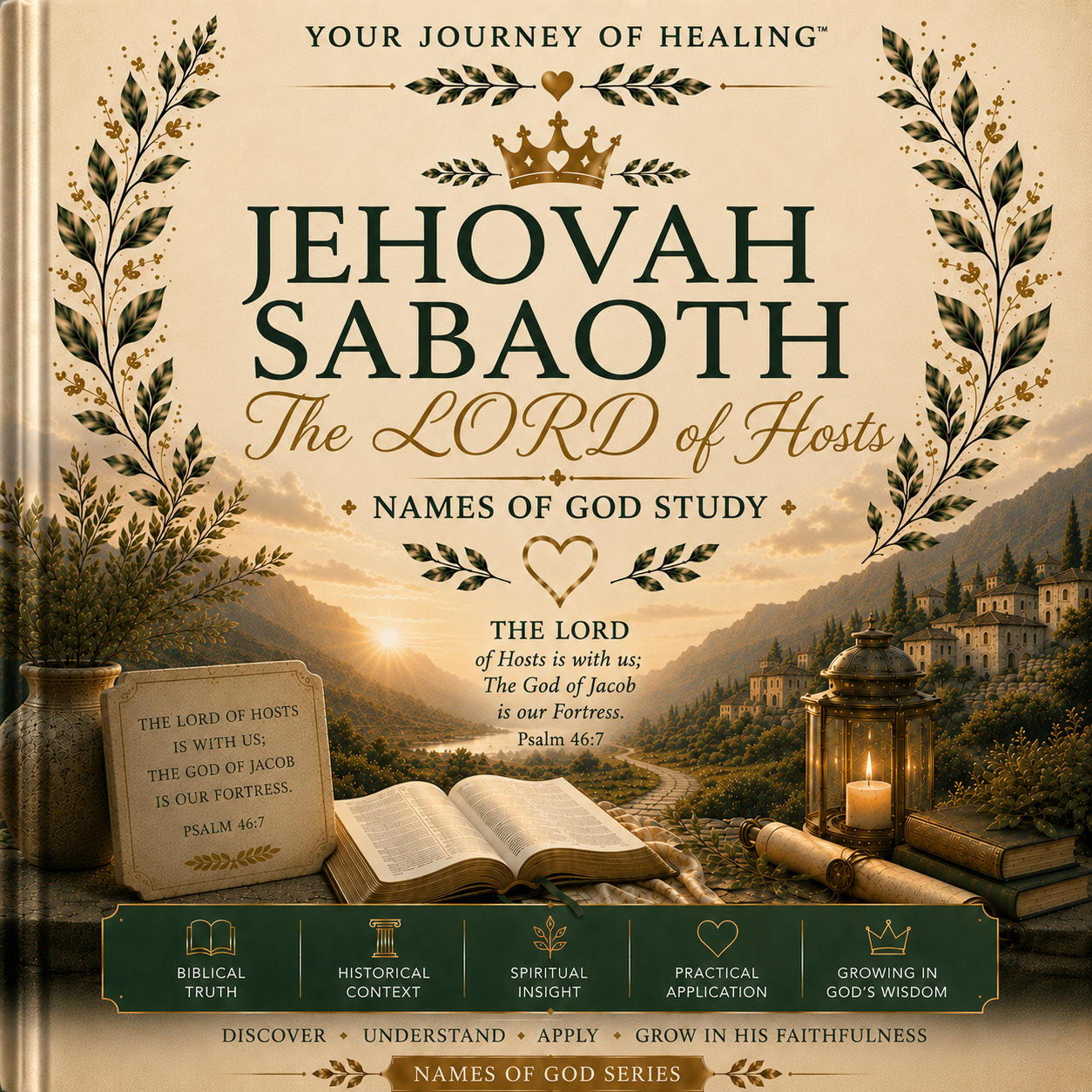 Front cover of a book titled 'Jehovah Sabaoth: The Lord of Hosts - Names of God Study' with decorative leaf wreaths, a crown icon, a scenic mountain landscape at sunset, an open Bible, a lantern, and a dark green banner at the bottom listing study themes.