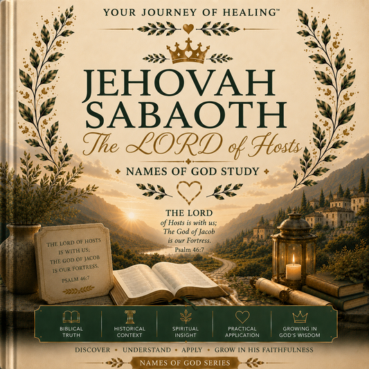Front cover of a book titled 'Jehovah Sabaoth: The Lord of Hosts - Names of God Study' with decorative leaf wreaths, a crown icon, a scenic mountain landscape at sunset, an open Bible, a lantern, and a dark green banner at the bottom listing study themes.