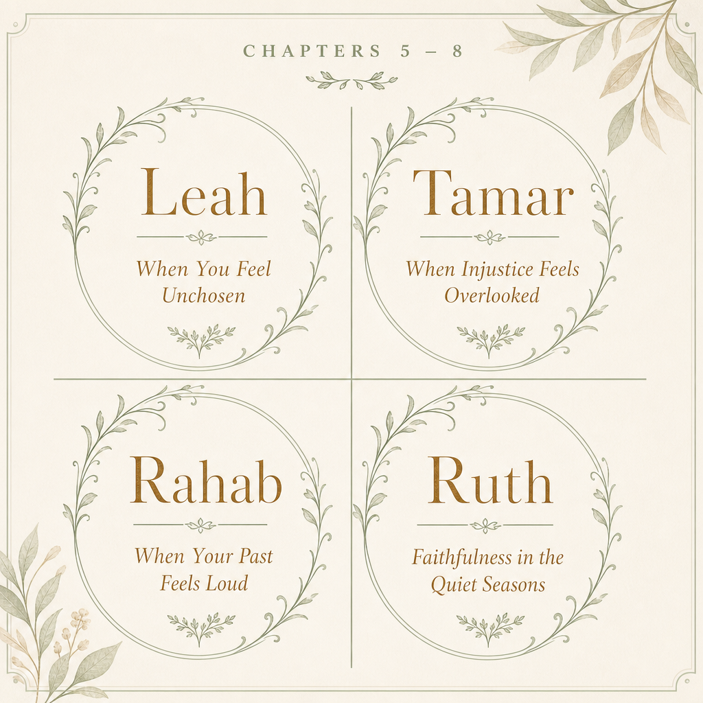 A decorative four-panel graphic with the headings 'Leah', 'Tamar', 'Rahab', and 'Ruth' in brown serif text, each under a circular floral wreath. Above the panels, 'CHAPTERS 5–8' appears at the top center.