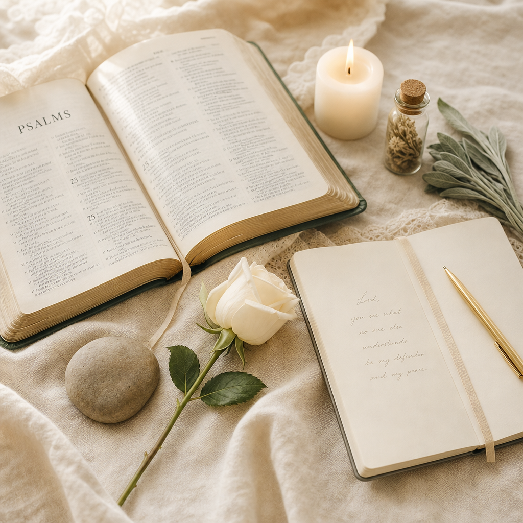 A styled flat-lay of reading and journaling items on a cream fabric surface: an open Bible with Psalm text, an open notebook with handwritten text and a gold pen, a white rose, a stone, a lit candle, and a small glass vial with dried herbs.