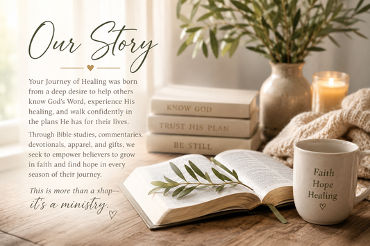 A styled interior scene with an open book on a wooden table, a white mug printed with 'Faith Hope Healing,' stacked books, a candle, and a vase with greenery. Large script text reads 'Our Story' with a paragraph of smaller text beside it.