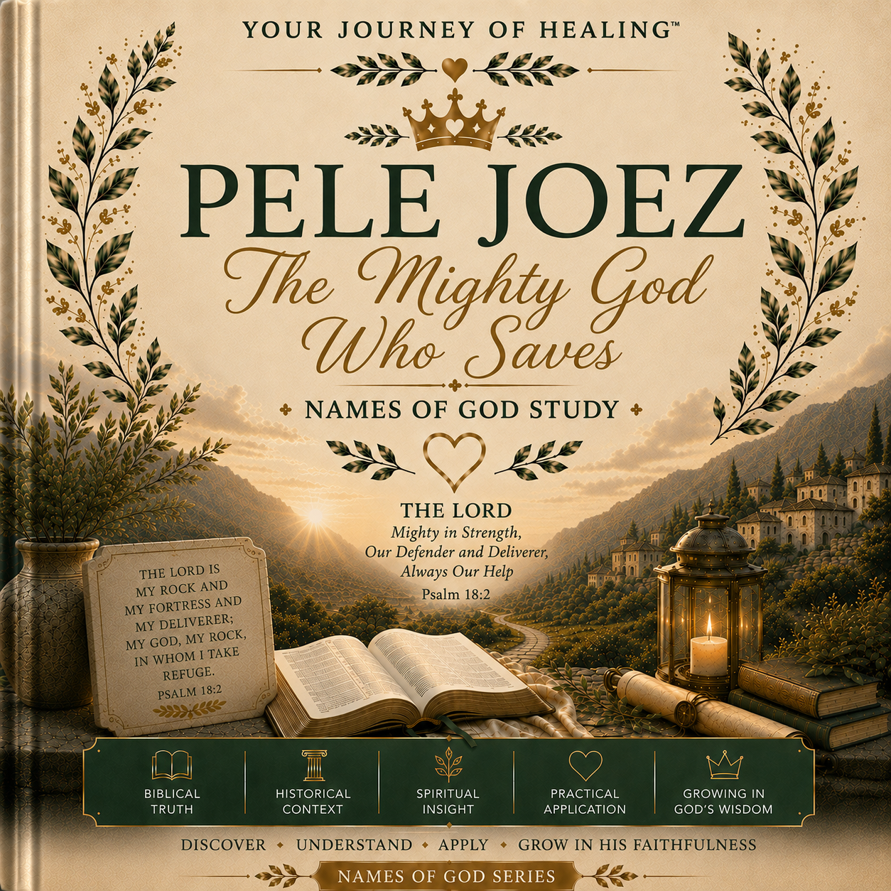 Front cover of the book or study guide titled "The Mighty God Who Saves" by Pele Joez, with ornate leafy framing, a mountain landscape illustration, scripture and an open Bible, and a dark green banner at the bottom reading "Names of God Study.".