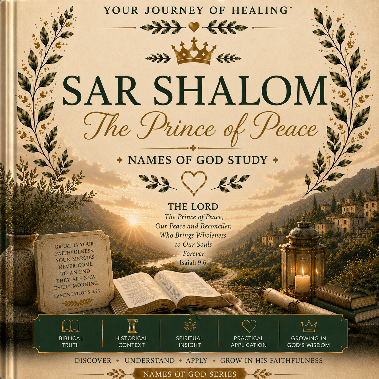 Front cover of the book 'Sar Shalom: The Prince of Peace - Names of God Study' by Your Journey of Healing. The cover features a warm sepia-toned background with a scenic mountain village at sunset, decorative leafy borders, a crown icon, and a dark green banner at the bottom with six highlighted study areas.