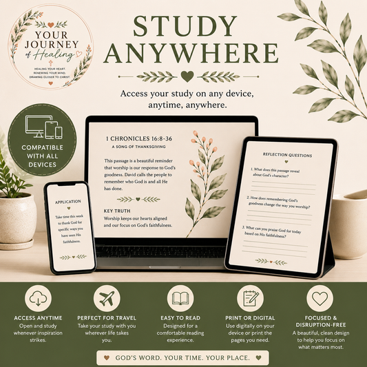 Digital product mockup for a study guide titled 'STUDY ANYWHERE' showing a tablet, laptop, and phone displaying Bible passage and reflection content, with a circular logo reading 'Your Journey of Healing' and feature icons along the bottom.