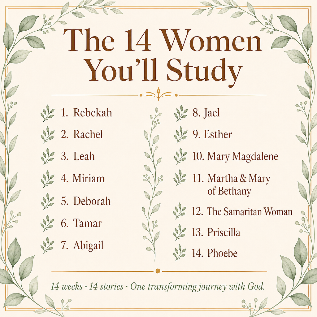 A cream-colored digital graphic with a decorative leafy border and the title 'The 14 Women You'll Study' in brown text. Below is a numbered list of 14 biblical women and their names, with a tagline at the bottom reading '14 weeks · 14 stories · One transforming journey with God.