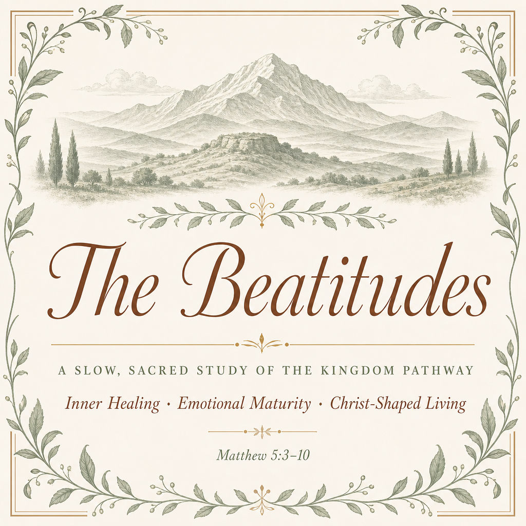 Book cover for 'The Beatitudes' featuring a sepia-toned mountain landscape illustration, ornate leafy border, and elegant serif text on a warm cream background.