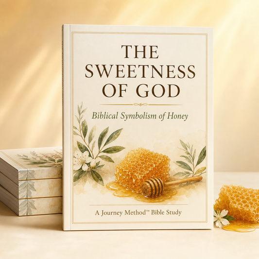 A Bible study book titled 'The Sweetness of God: Biblical Symbolism of Honey' stands upright on a warm beige surface, with a stack of similar books to the left and honeycomb pieces with dripping honey to the right. The book cover is cream with brown and green text and botanical illustrations.