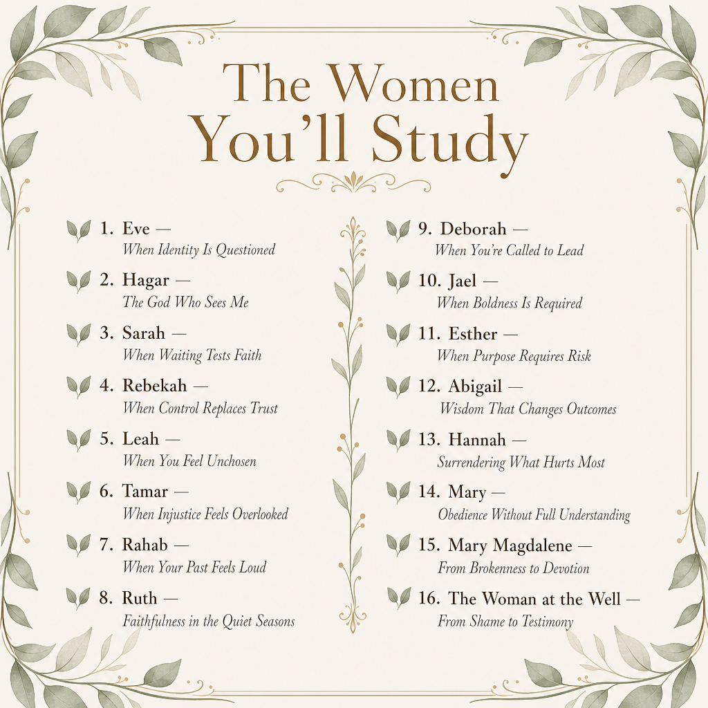 A digital graphic titled 'The Women You'll Study' on a cream background with a leafy border. It lists 16 biblical women with names, brief descriptions, and relevant books or topics, styled with elegant typography and decorative leaf accents.
