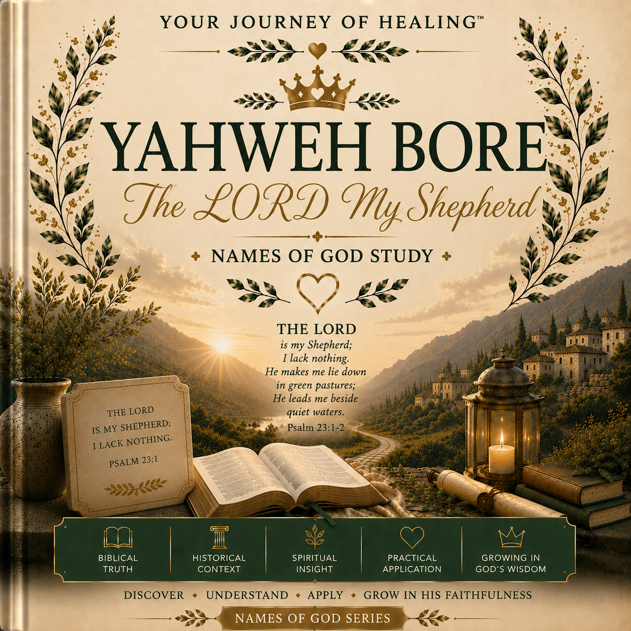 A book cover for 'Yahweh Bore: The Lord My Shepherd - Names of God Study' featuring a warm sepia-toned mountain landscape with an open Bible, candle, and rolled parchment, framed by decorative laurel branches and a crown. The title is displayed prominently in large serif and script fonts.