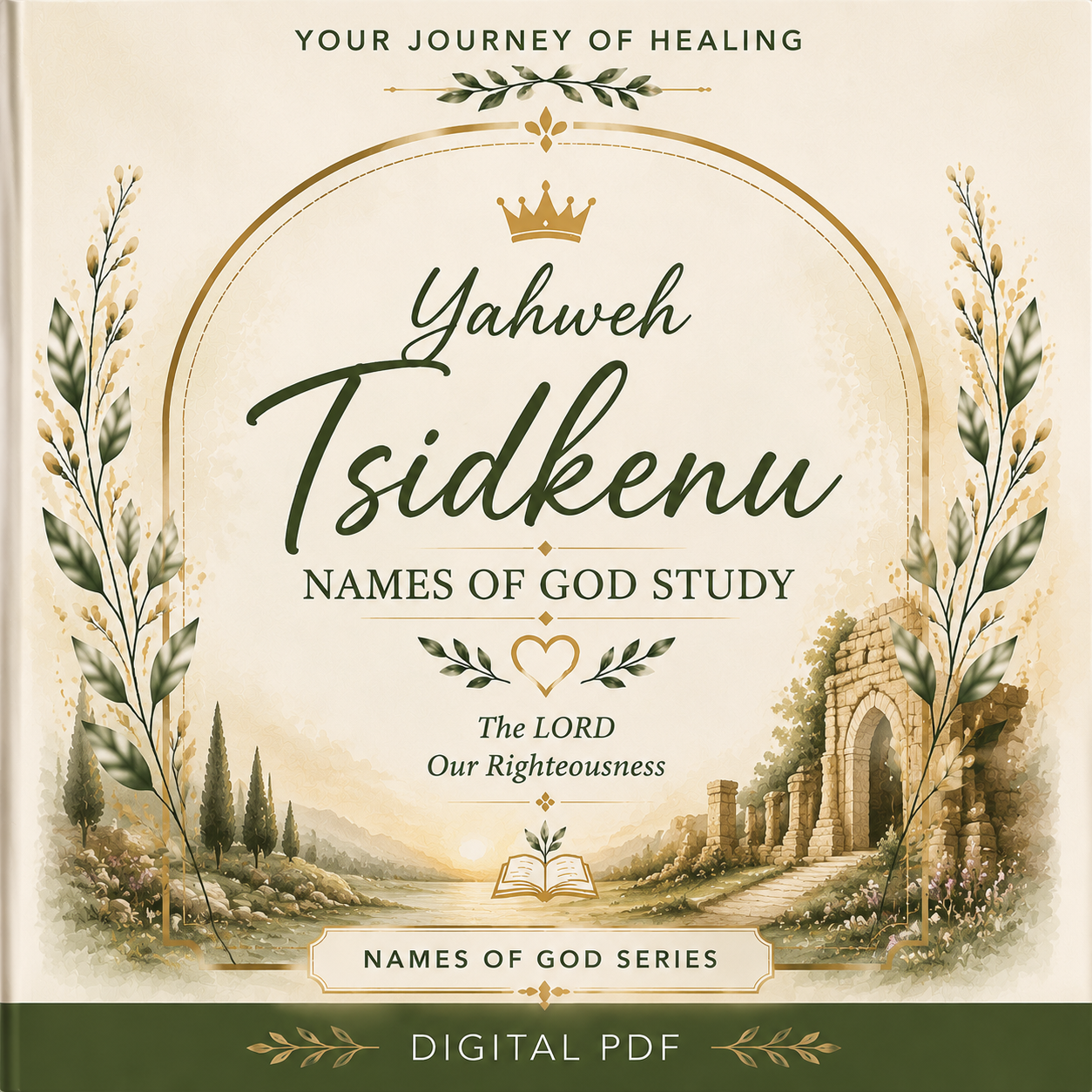 Yahweh Tsidkenu Names of God Bible Study printable PDF by Your Journey of Healing featuring an elegant botanical cover with a scenic biblical landscape, titled "The LORD Our Righteousness," from the Names of God Series.